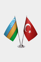 Karakalpakstan and Türkiye dual desk flag set with chrome silver pedestal, satin office table flag