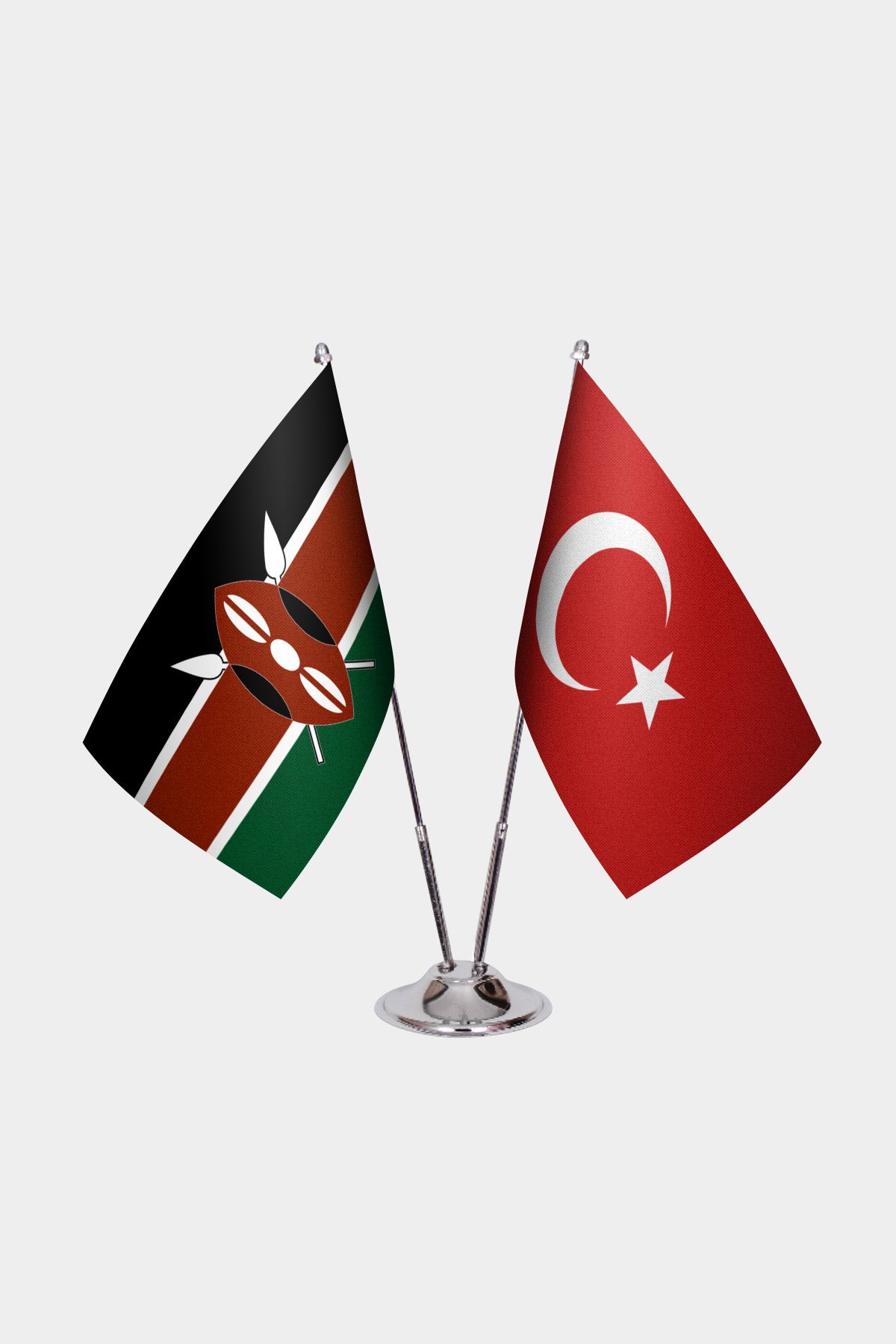 Kenya and Turkey desk flag set with chrome pole and base