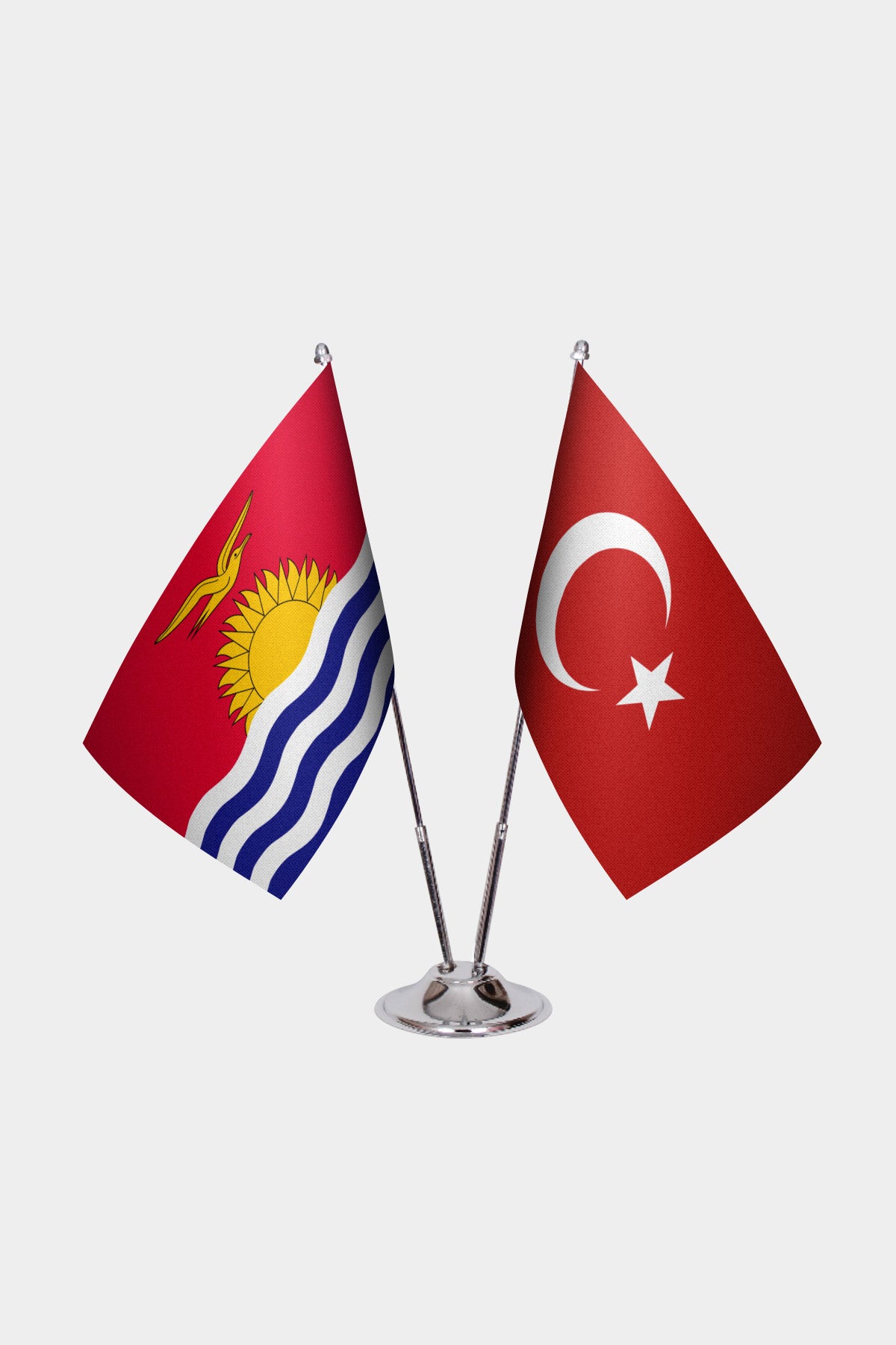 Kiribati and Turkey desk flag set with chrome pole and base