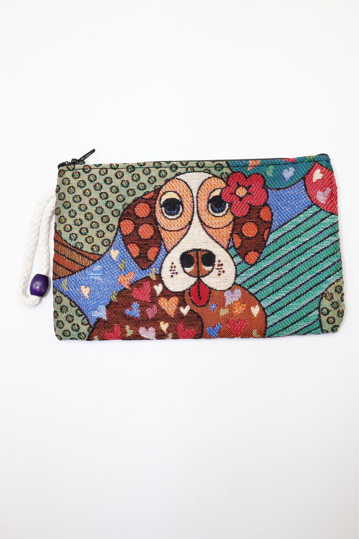 Patchwork Dog Woven Tapestry Clutch Wallet — woven clutch wallet with wrist strap, front view