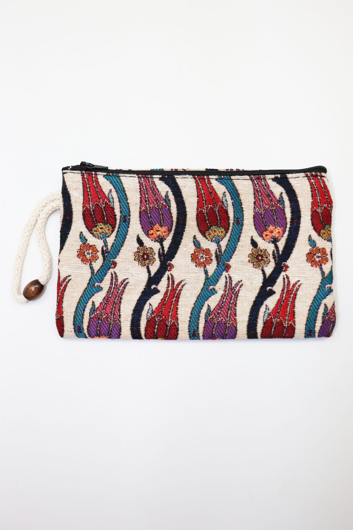 Ottoman Tulip Woven Tapestry Clutch Wallet — woven clutch wallet with wrist strap, front view