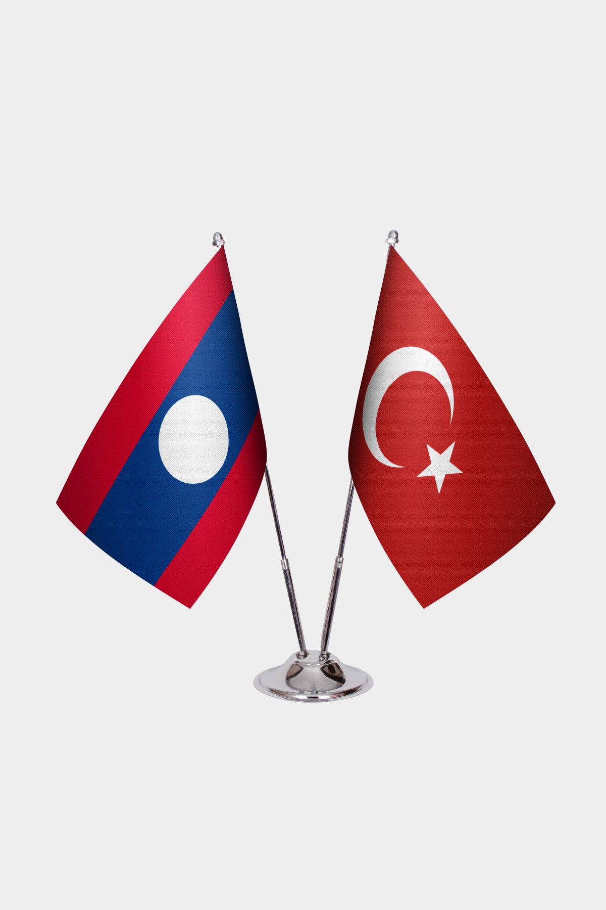 Laos and Turkey desk flag set with chrome pole and base