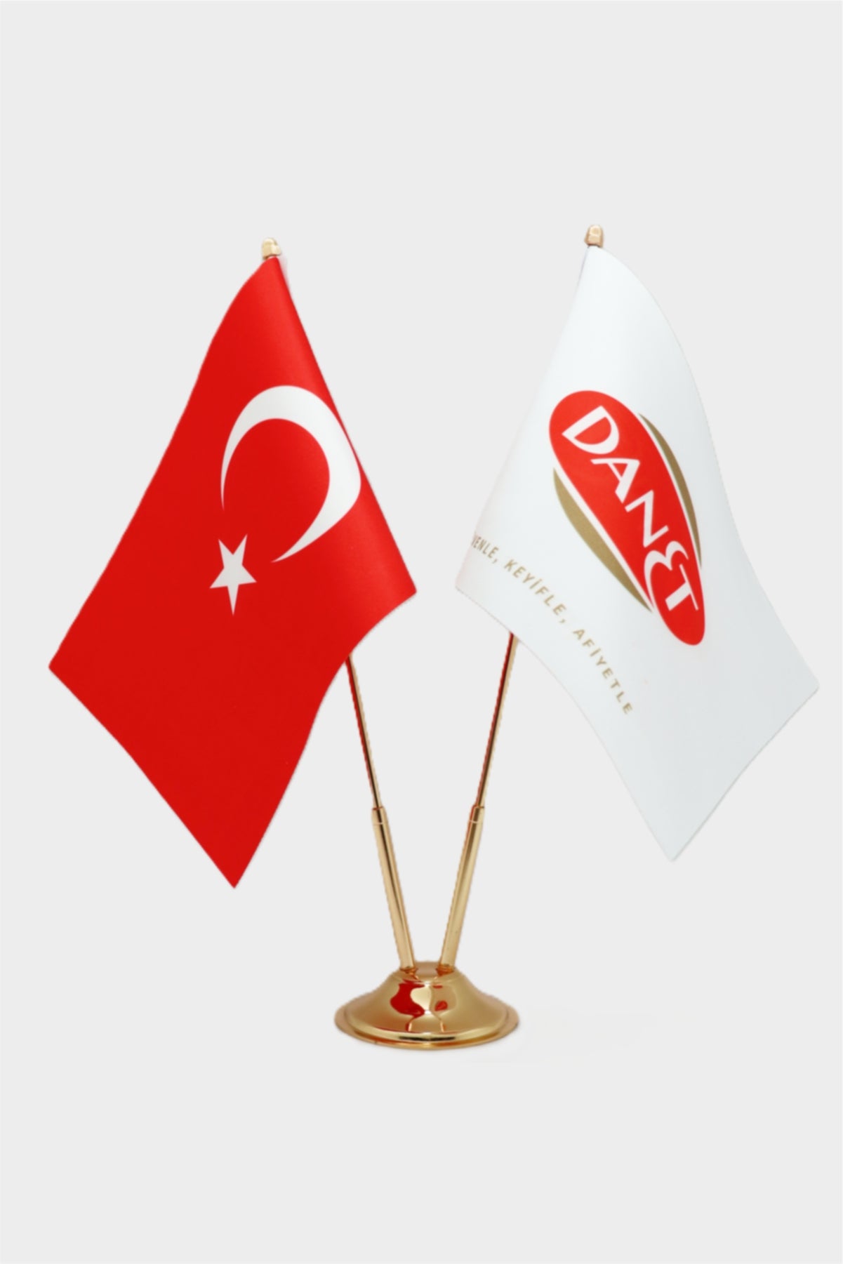 Logo Baskılı Türk Masa Bayrağı Seti — altın direk ve kaide seçeneği