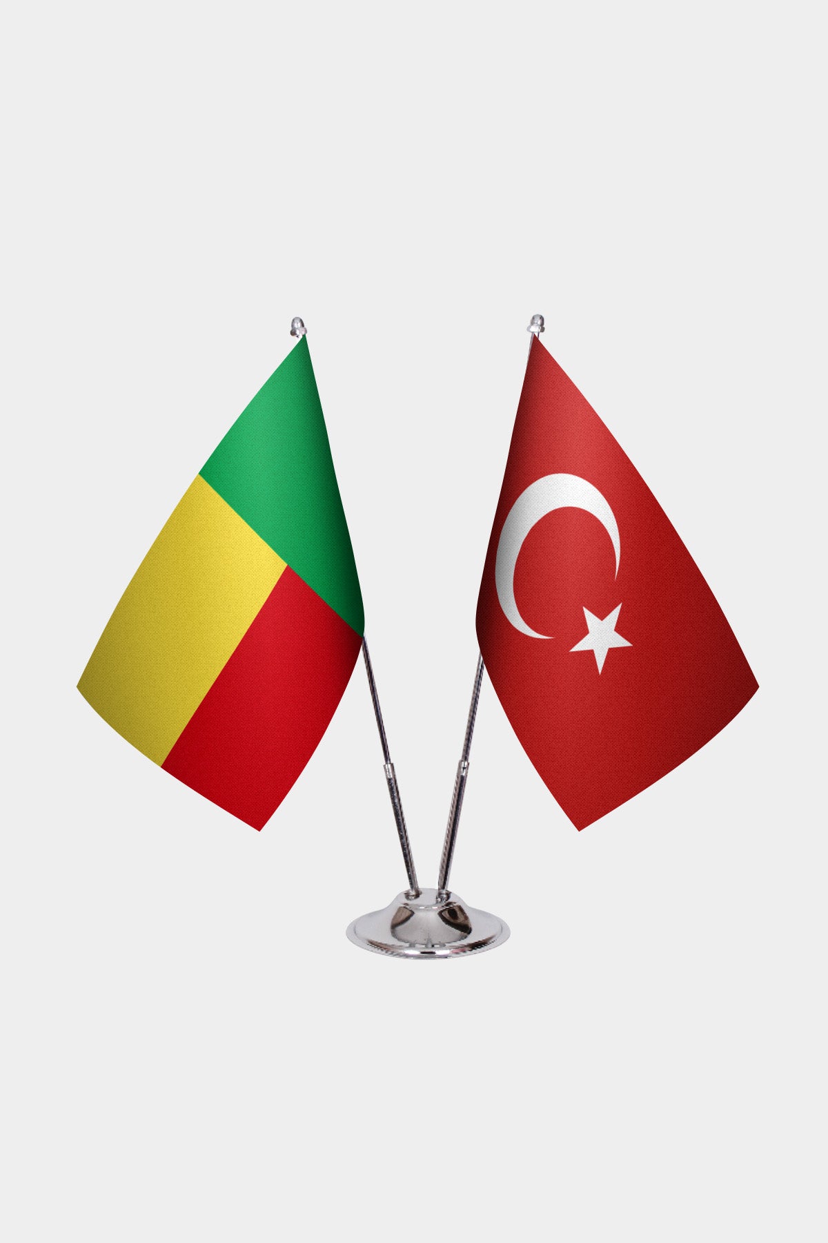 Benin and Turkey desk flag set with chrome pole and base