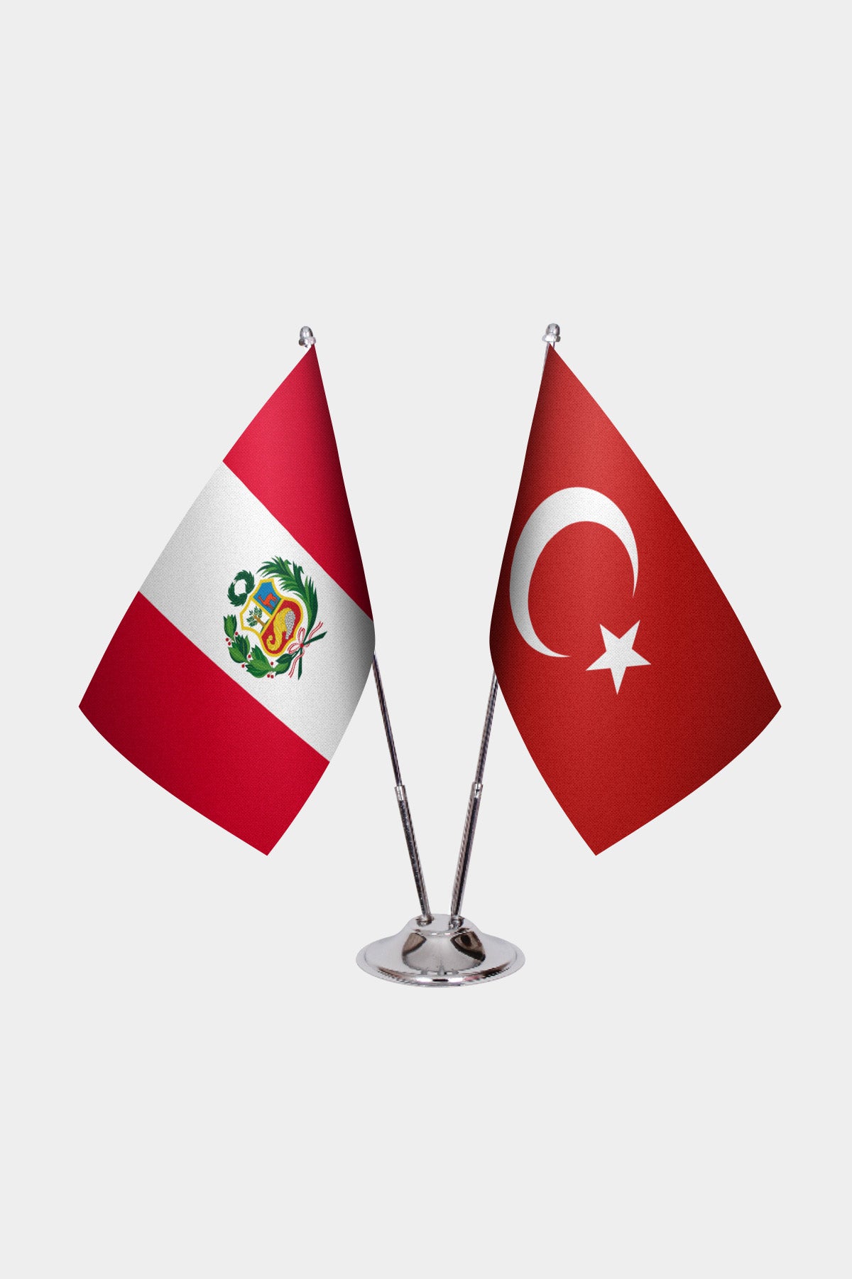 Peru and Turkey desk flag set with chrome pole and base
