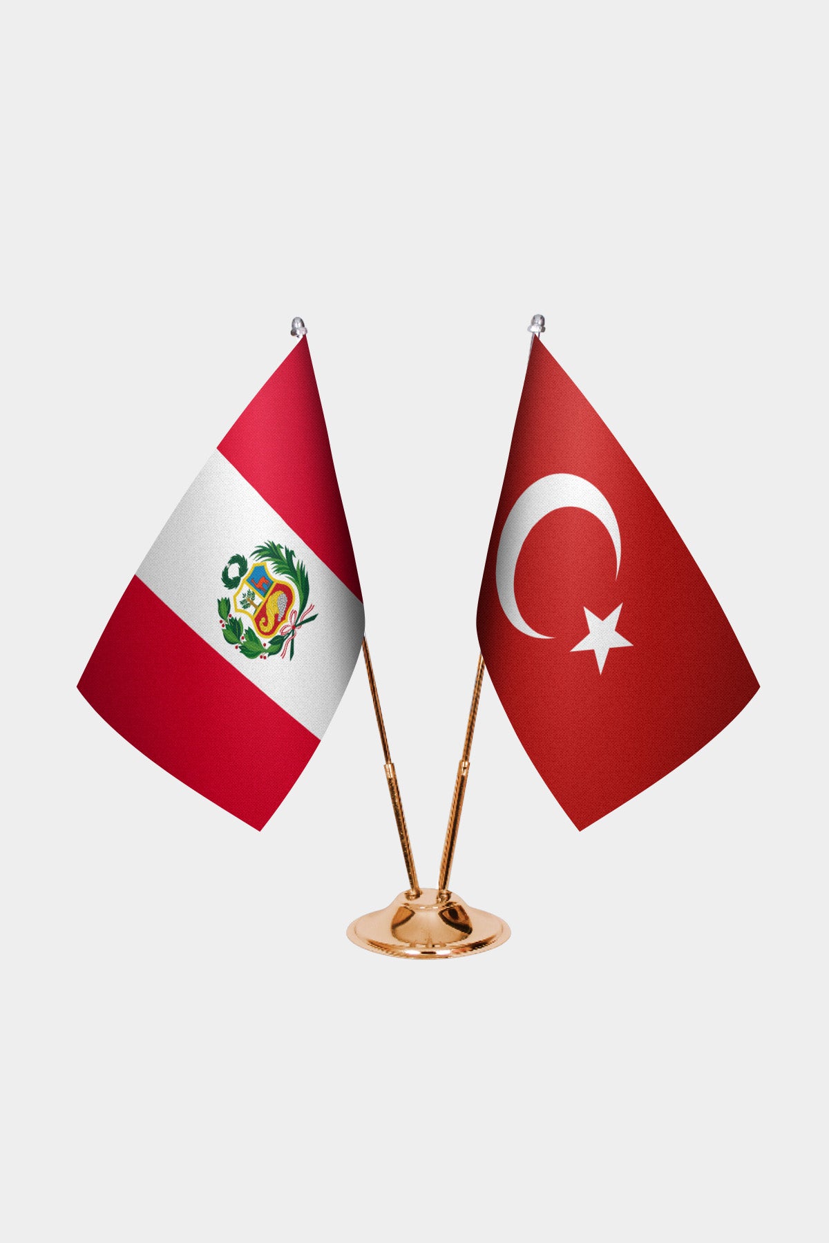 Peru and Turkey desk flag set with gold pole and base