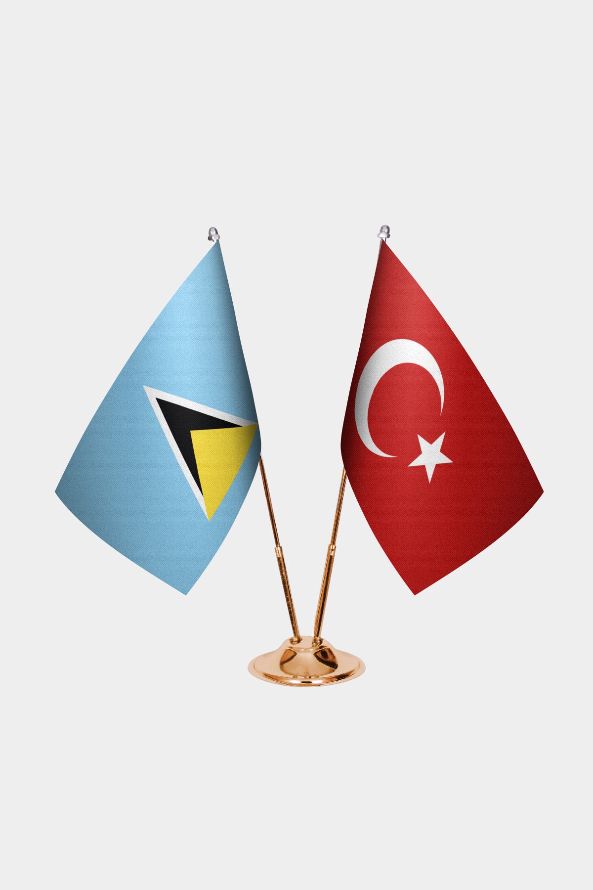 St. Lucia and Turkey desk flag set with gold pole and base