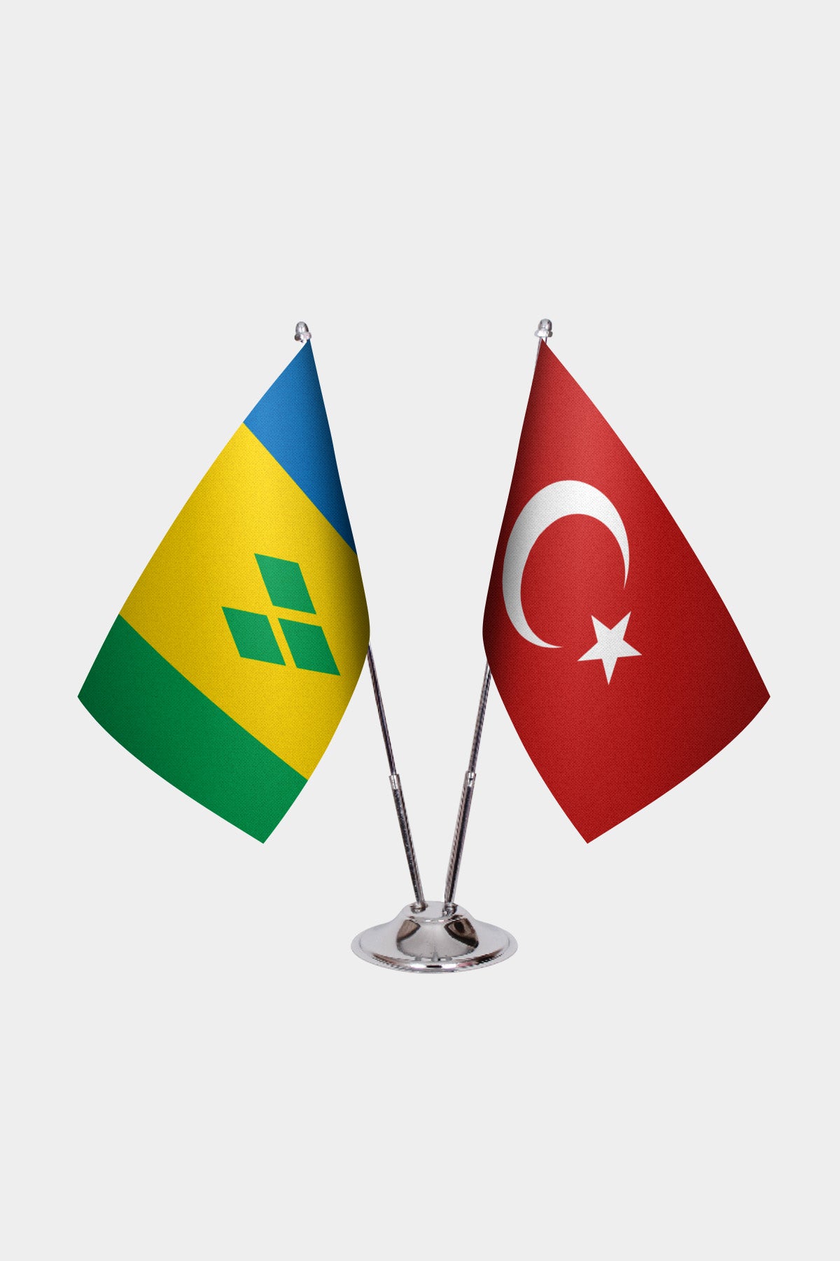 St. Vincent & Grenadines and Turkey desk flag set with chrome pole and base