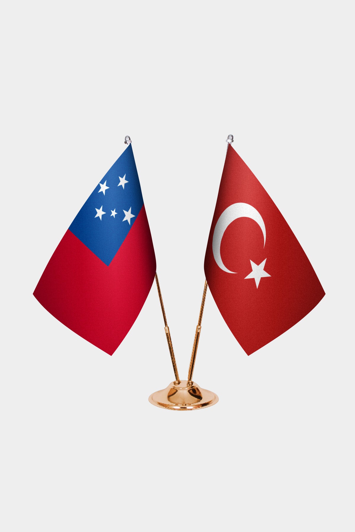 Samoa and Turkey desk flag set with gold pole and base