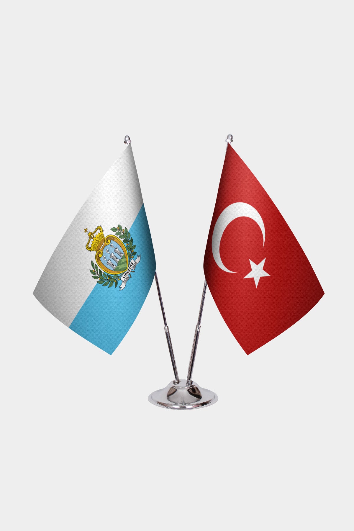 San Marino and Turkey desk flag set with chrome pole and base