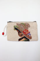 Cat in a Flowered Hat Woven Clutch Wallet — woven clutch wallet with wrist strap, front view