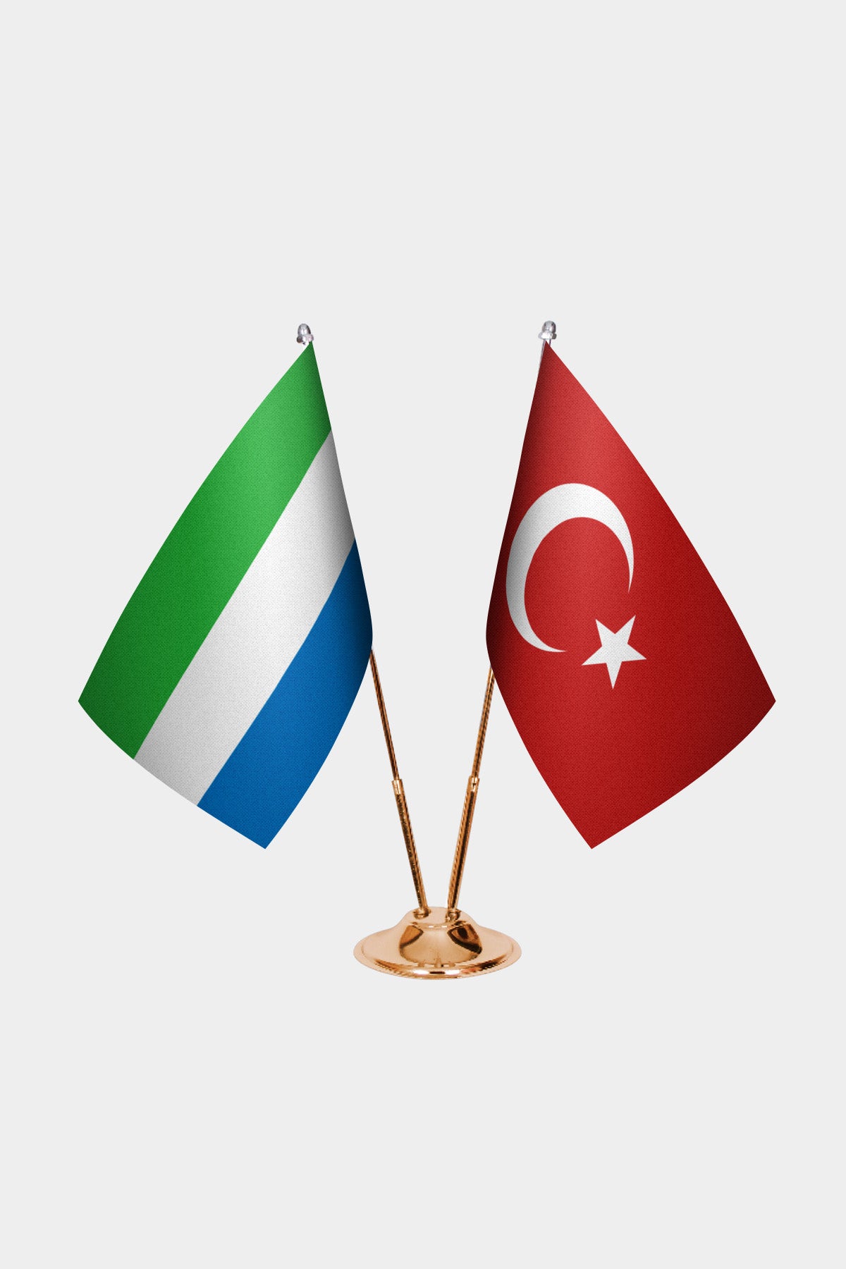 Sierra Leone and Turkey desk flag set with gold pole and base
