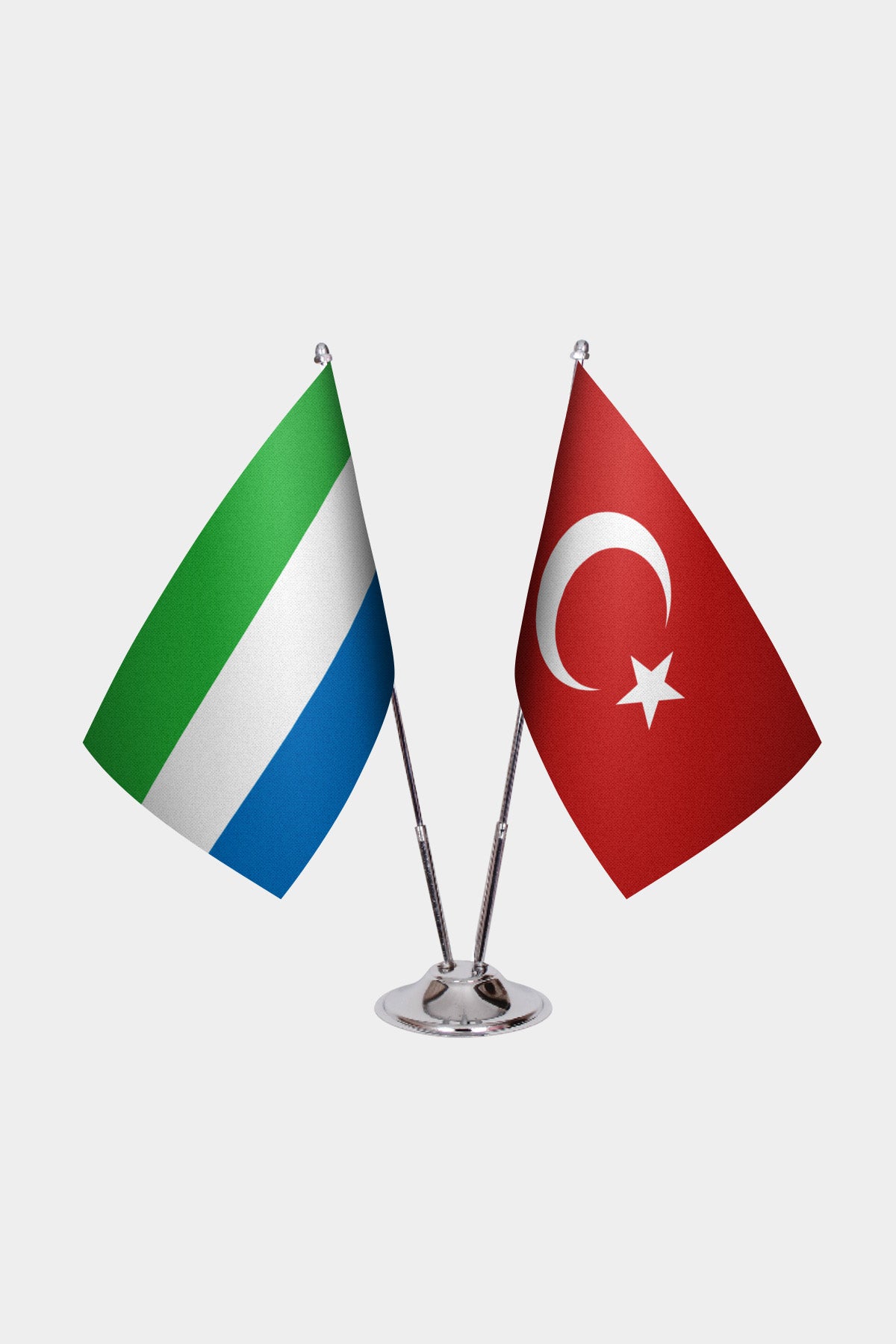 Sierra Leone and Turkey desk flag set with chrome pole and base