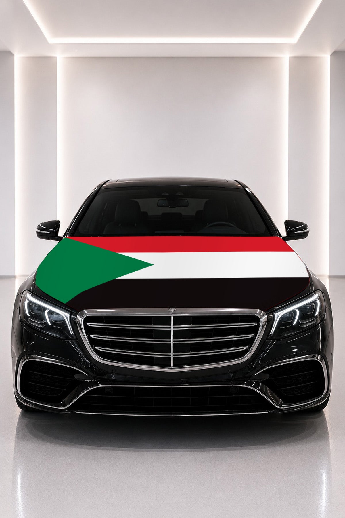 Sudan flag car hood cover fitted on a black car bonnet