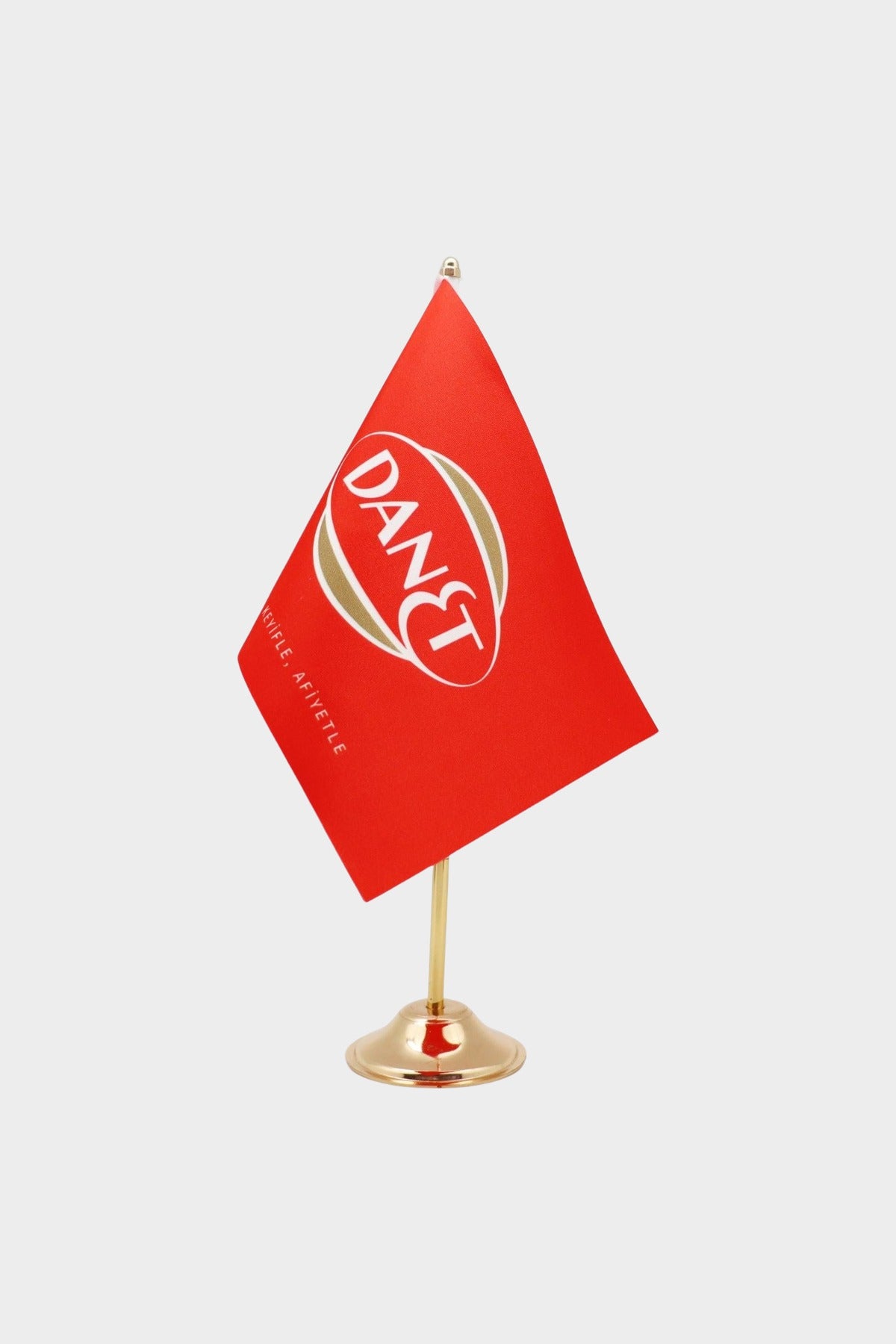 Logo Printed Single Desk Flag with gold pole, 15 × 22.5 cm flag on a weighted base (1)