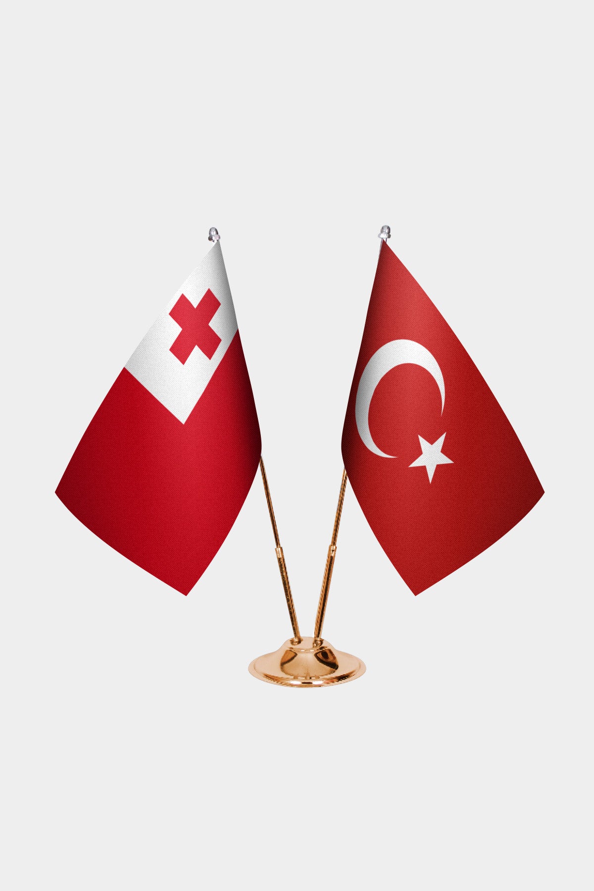 Tonga and Turkey desk flag set with gold pole and base