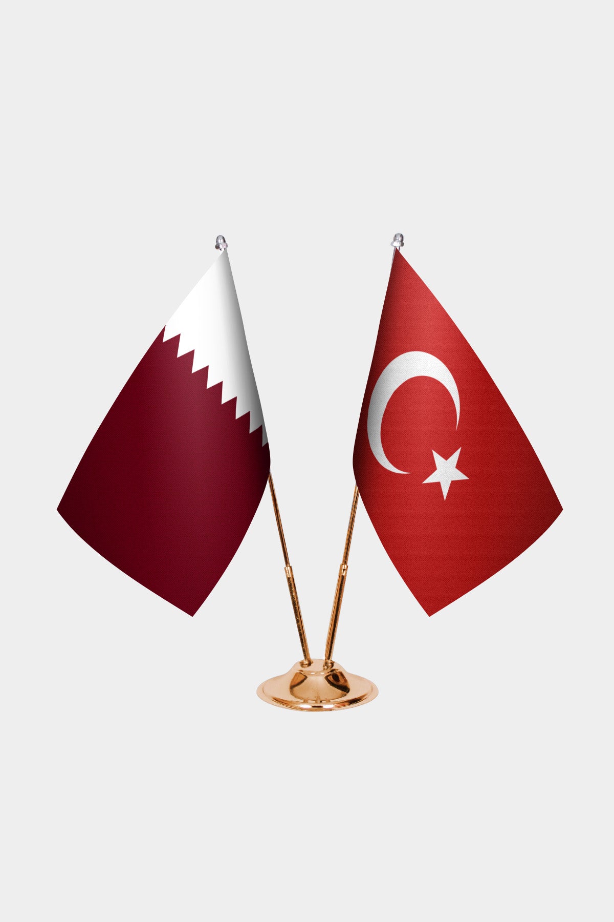 Qatar and Turkey desk flag set with gold pole and base