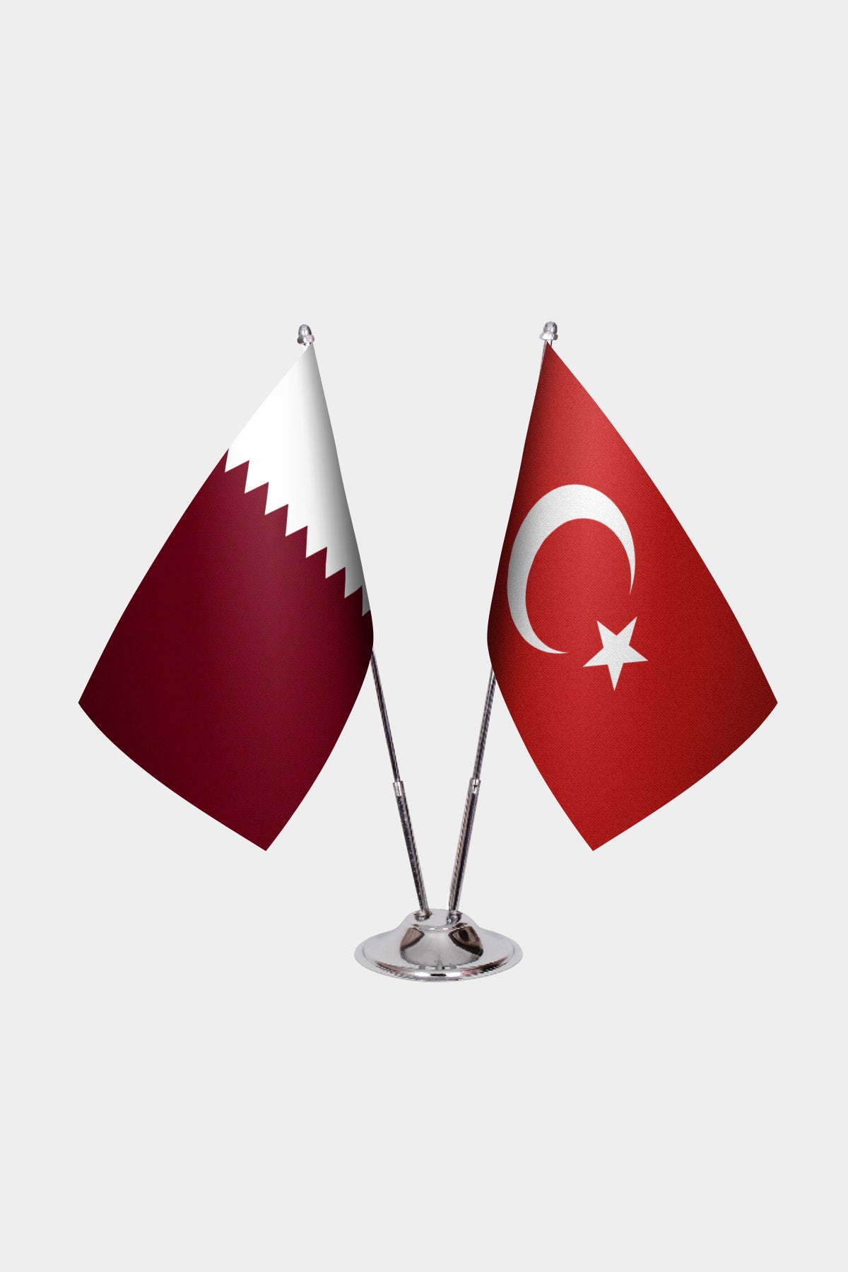 Qatar and Turkey desk flag set with chrome pole and base
