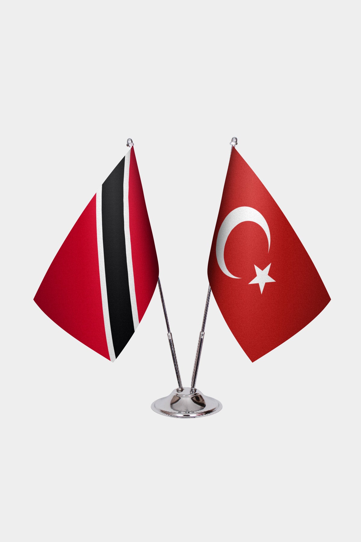 Trinidad & Tobago and Turkey desk flag set with chrome pole and base