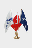 Logo Printed Triple Desk Flag with gold poles, 15 × 22.5 cm flags on a weighted base (1) all-groups