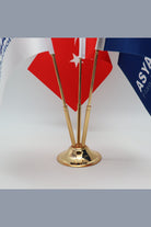 Logo Printed Triple Desk Flag with gold poles, 15 × 22.5 cm flags on a weighted base (2)
