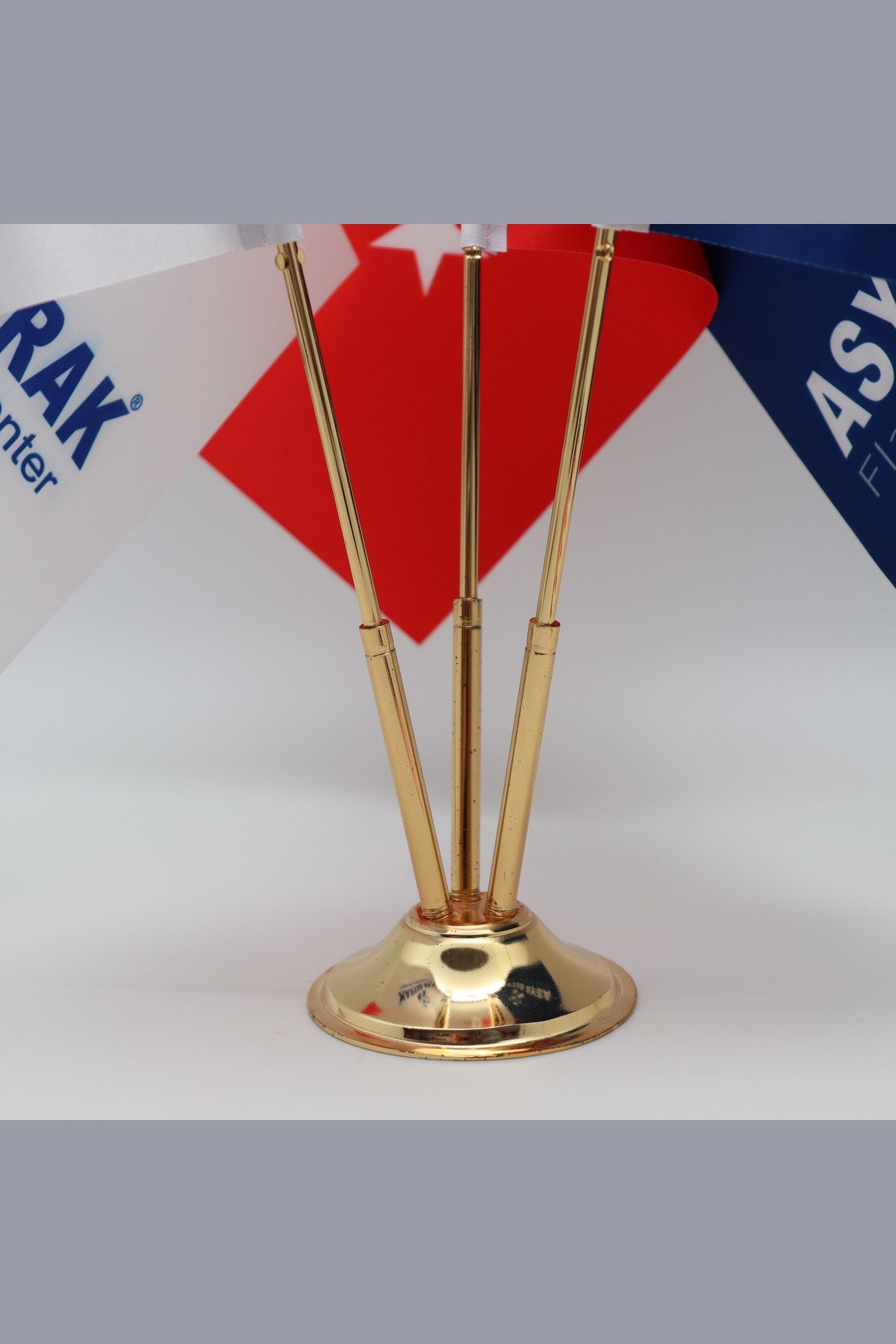 Logo Printed Triple Desk Flag with gold poles, 15 × 22.5 cm flags on a weighted base (5)