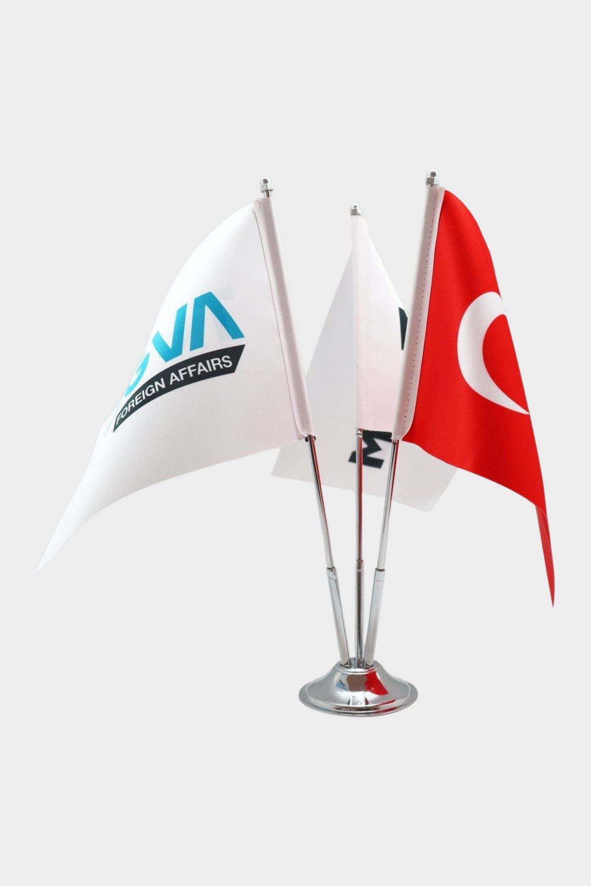 Logo Printed Triple Desk Flag with chrome poles, 15 × 22.5 cm flags on a weighted base (1)