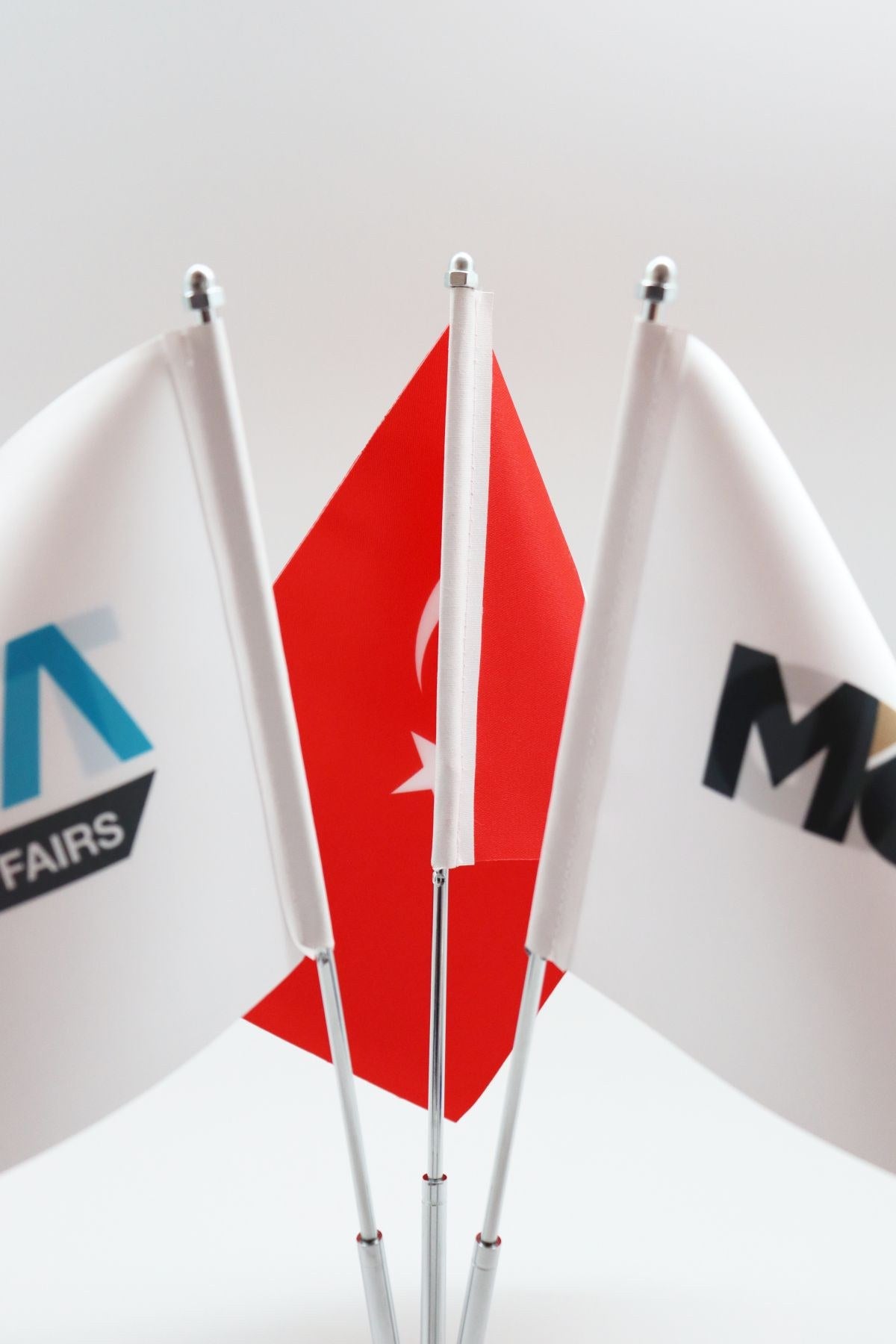 Logo Printed Triple Desk Flag with chrome poles, 15 × 22.5 cm flags on a weighted base (2)
