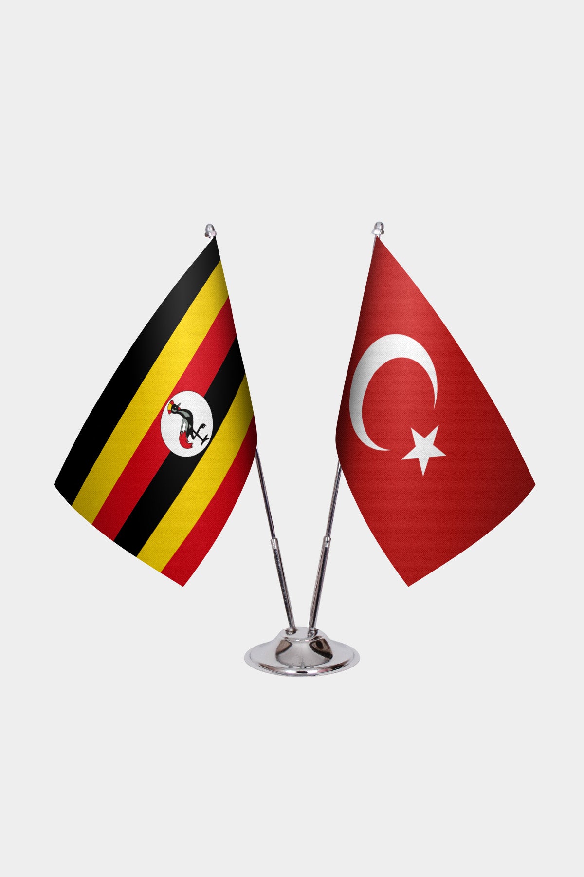 Uganda and Turkey desk flag set with chrome pole and base