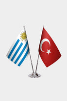 Uruguay and Turkey desk flag set with chrome pole and base