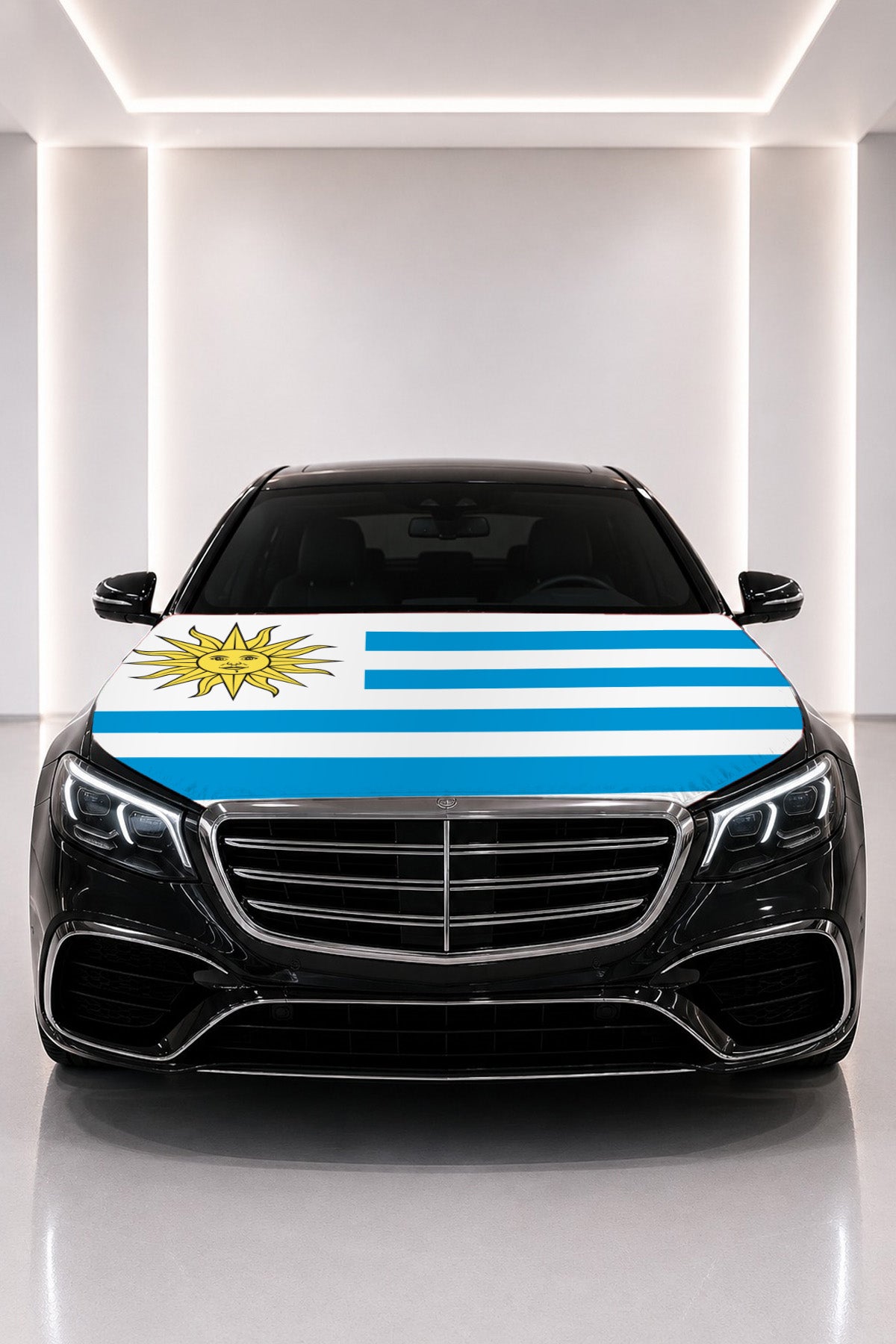 Uruguay flag car hood cover fitted on a black car bonnet