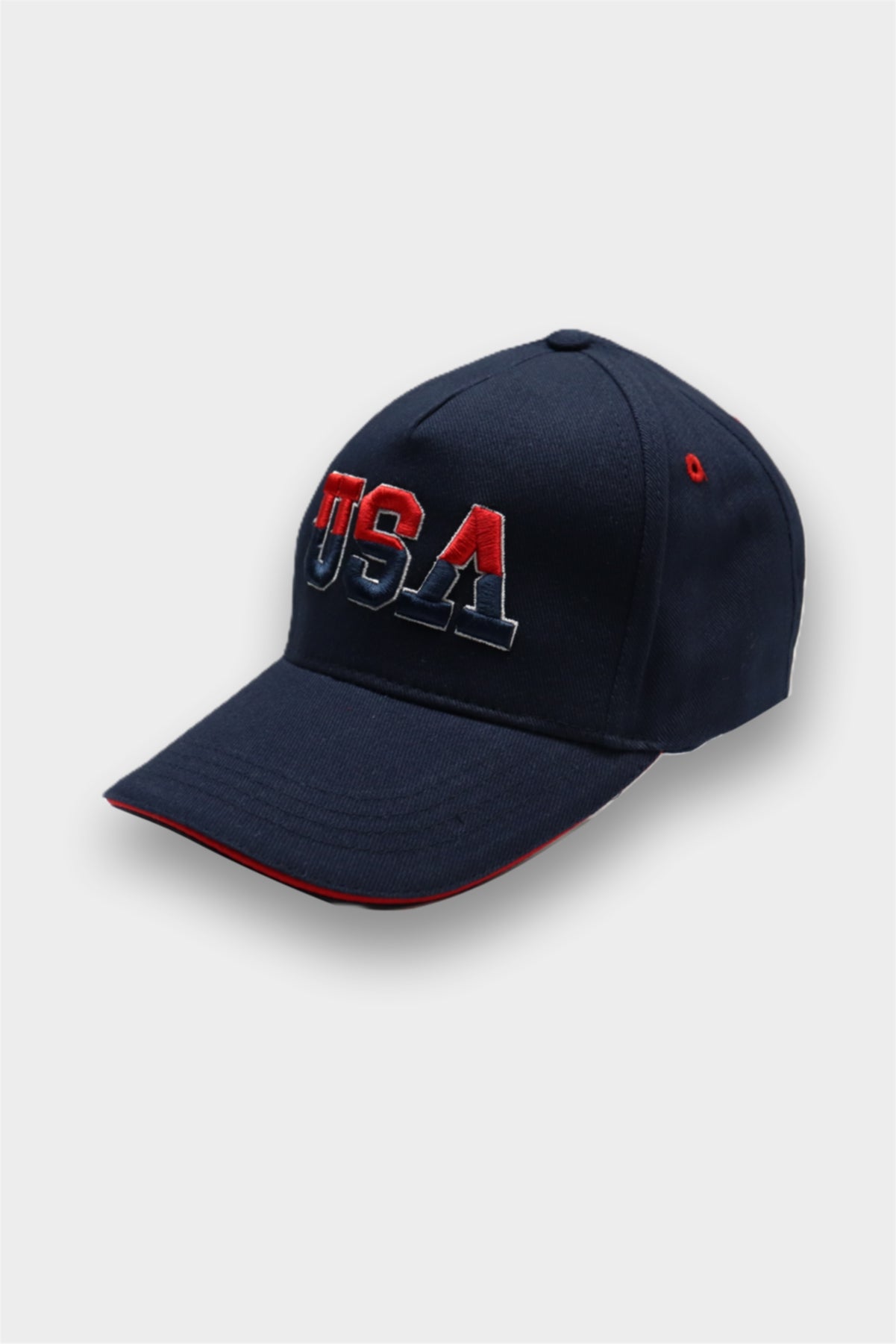 USA flag baseball cap in navy cotton with red brim trim