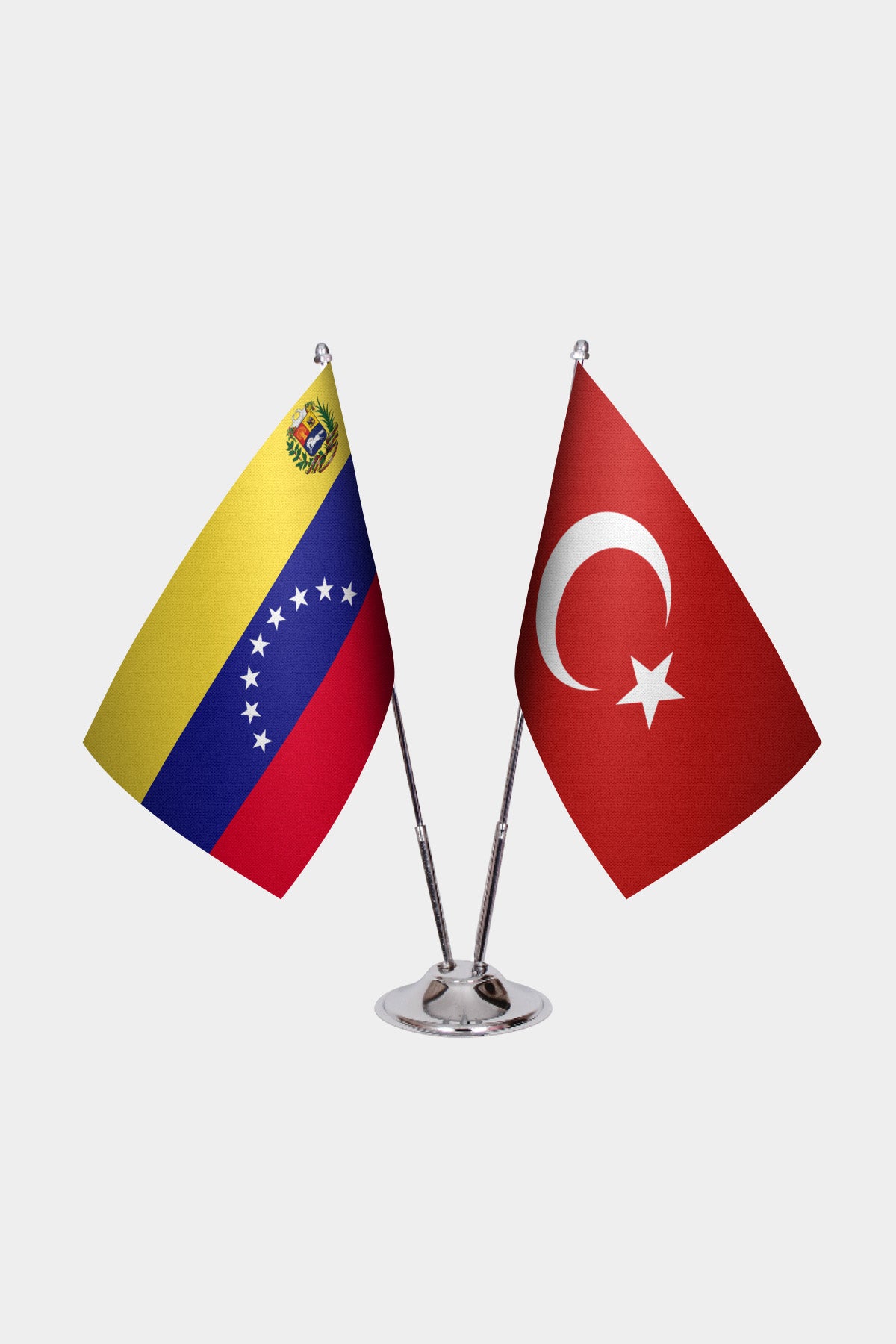 Venezuela and Turkey desk flag set with chrome pole and base