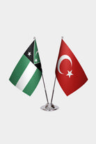 Western Thrace and Türkiye dual desk flag set with chrome silver pedestal, satin office table flag