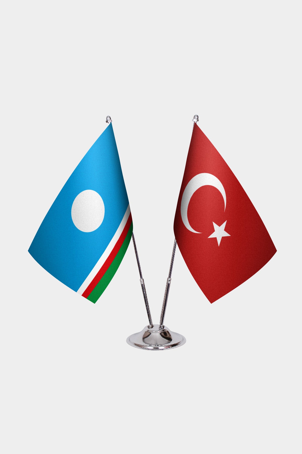 Yakutia and Türkiye dual desk flag set with chrome silver pedestal, satin office table flag