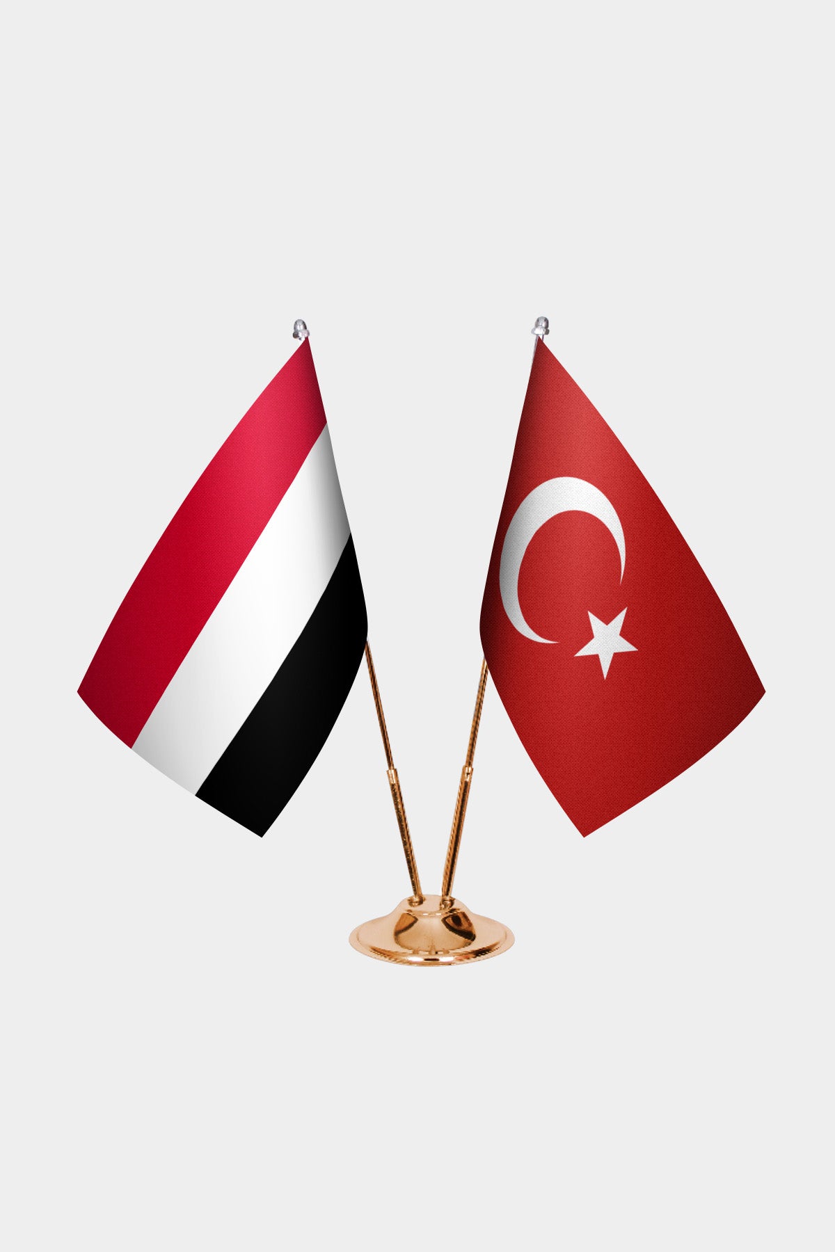 Yemen and Turkey desk flag set with gold pole and base