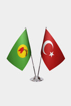Zaire and Türkiye dual desk flag set with chrome silver pedestal, satin office table flag