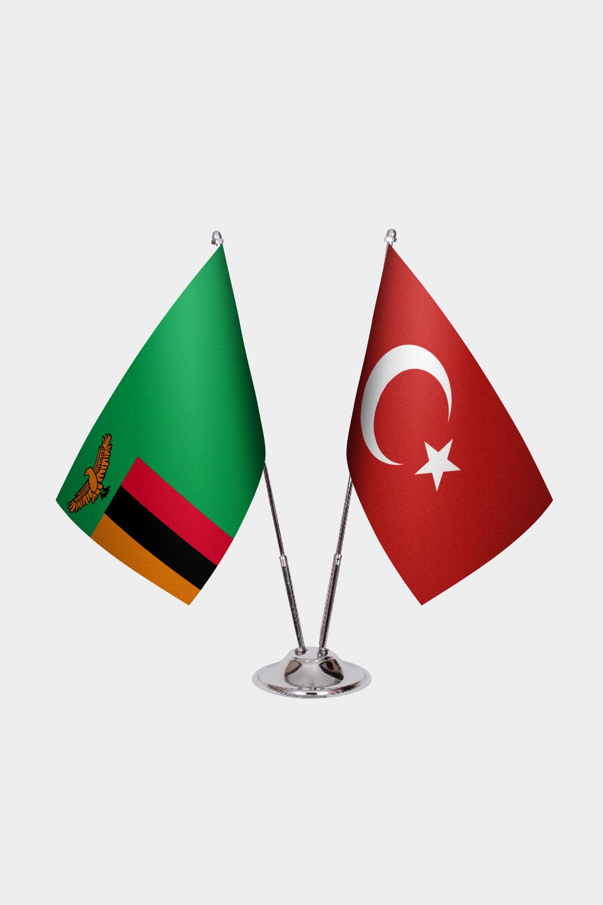 Zambia and Turkey desk flag set with chrome pole and base