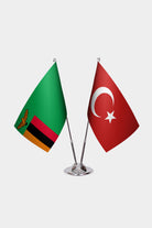 Zambia and Turkey desk flag set with chrome pole and base