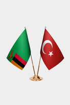 Zambia and Turkey desk flag set with gold pole and base